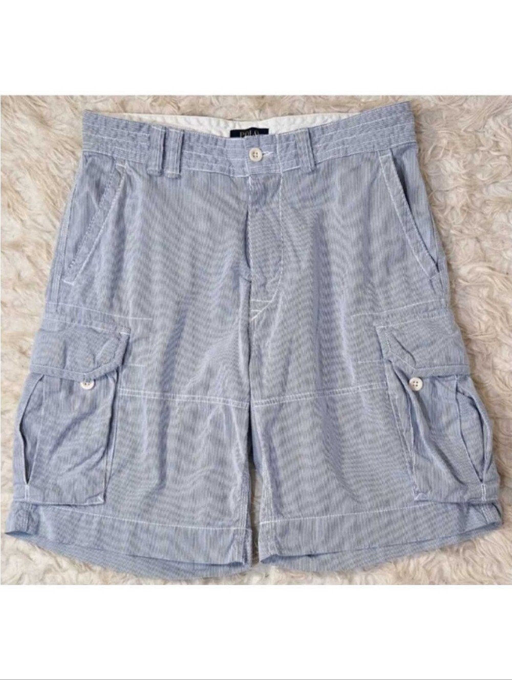 Polo Ralph Lauren Mens Cargo Shorts White Blue Pinstripe Pockets Preppy